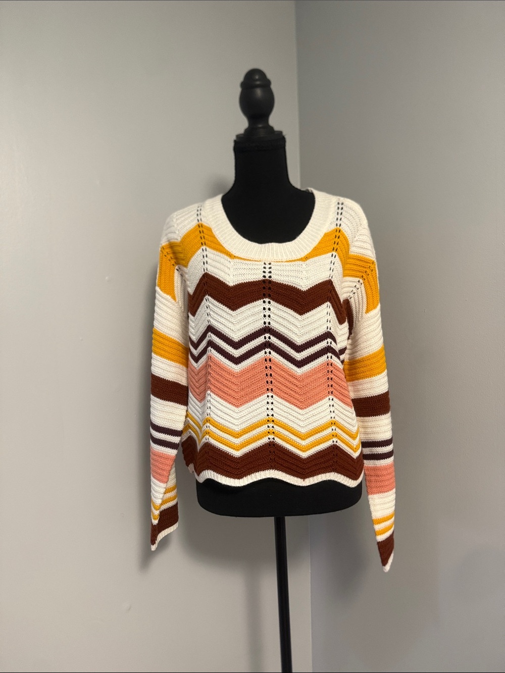 Chevron Stripe Scoop Neck Sweater in White, Mustard & Pink